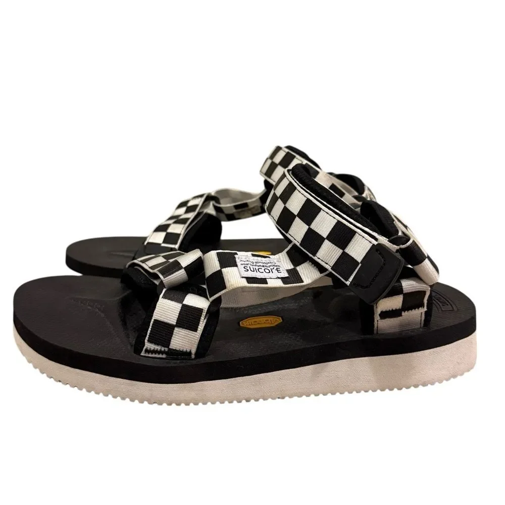 Suicoke Black White Checkered Straps Vibram Sole Sandals Men’s Sz 8 Women’s 10